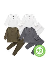 4 Sets Baby Boy Solid Ribbed Casual Long-sleeve Button Top and Trousers