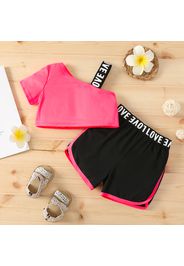 2pcs Baby Girl Letter Print One Shoulder Spaghetti Strap Textured Crop Top and Shorts Set