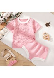 2pcs Baby Girl Pink Hollow Out Knitted Short-sleeve Top and Shorts Set