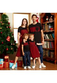 Black Splice Red Plaid Family Matching Sets（Midi Dresses and Short-sleeve T-shirts）