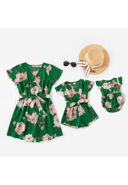 Floral Print Short-sleeve Matching Dark Green Shorts Rompers