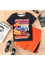 2pcs Kid Boy Letter Vehicle Print Short-sleeve Black Tee and Colorblock Shorts Set