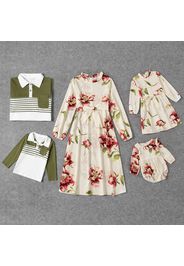 Family Matching All Over Floral Print Long-sleeve Belted Dresses and Color Block Striped Lapel Polo Shirts Sets