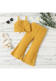 2pcs Toddler Girl Bowknot Design Waffle Camisole and Ginger Flared Pants Set