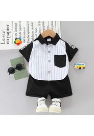 100% Cotton 2pcs Baby Boy Contrast Collar Letter Print Short-sleeve Striped Top and Solid Shorts Set