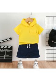 2pcs Baby Boy Solid Short-sleeve Hooded Top and Letter Print Denim Shorts Set