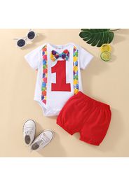 2pcs Baby Boy/Girl 95% Cotton Short-sleeve Bow Tie Number Print Romper and Solid Shorts Set