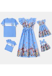 Family Matching Floral Print Blue Ruffle-sleeve Belted Midi Dresses and Striped Short-sleeve T-shirts Sets