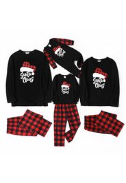 Christmas Hat and Letter Print Black Family Matching Long-sleeve Plaid Pajamas Sets (Flame Resistant)