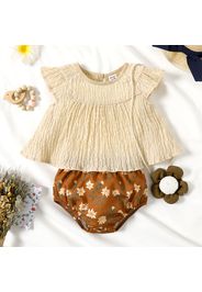 2pcs Baby Girl Apricot Textured Cap Sleeve Top and Floral Print Shorts Set