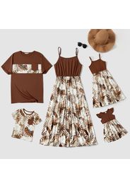 Family Matching Solid Spliced Palm Leaf Print Cami Dresses and Short-sleeve T-shirts Sets