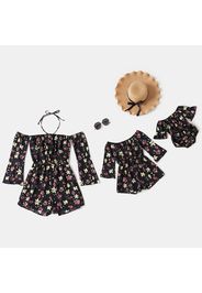 Floral Print Off Shoulder Strapless Long Sleeve Shorts Romper for Mom and Me