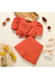 2pcs Toddler Girl 100% Cotton Button Design Tie Knot Puff-sleeve Top and Orange red Shorts Set