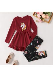 2-piece Kid Girl Unicorn Print Ruffled Hem Long-sleeve Top and Elasticized Leggings Set