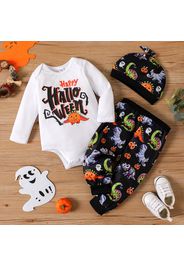 Halloween 3pcs Baby Boy Long-sleeve Graphic Romper and Allover Print Pants with Hat Set