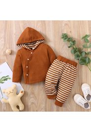 2pcs Baby Boy/Gorl Waffle Long-sleeve Hooded Snap Top and Striped Pants Set