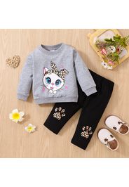 2pcs Baby Girl 95% Cotton Long-sleeve Cartoon Cat Print Pullover Sweatshirt and Pants Set