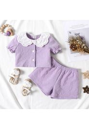 2pcs Baby Girl Peter Pan Collar Purple Textured Puff-sleeve Button Up Top and Shorts Set