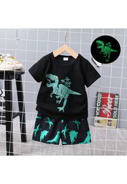 2pcs Toddler Boy Animal Dinosaur Print Short-sleeve Tee and Elasticized Grey Shorts Set