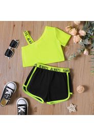 2pcs Toddler Girl Letter Print One Shoulder Strap Tee and Elasticized Shorts Sporty Set