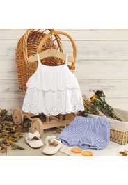 2pcs Baby Girl White Spaghetti Strap Hollow Out Layered Top and 100% Cotton Striped Shorts Set
