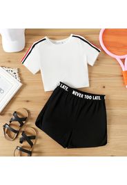 2pcs Kid Girl Striped Short-sleeve Tee and Letter Print Shorts Sporty Set