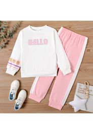 2-piece Kid Girl Letter Face Emojis Print Long-sleeve Top and Colorblock Pants Set