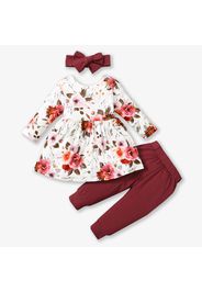 Baby 3pcs Floral Print White Long-sleeve Dress and Solid Trouser Set