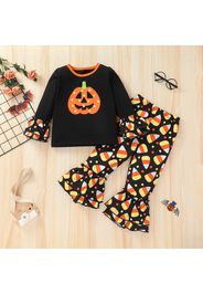 2-piece Toddler Girl Halloween Pumpkin Print Bell sleeves Top and Colorblock Flared Pants Set