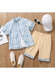 2-piece Kid Boy Plaid Button Design Short-sleeve Tee and Colorblock Shorts Set