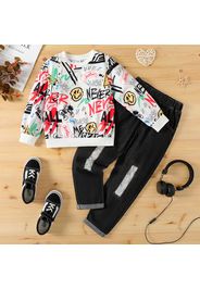 2pcs Kid Boy Colorful Letter Allover Print Pullover Sweatshirt and Ripped Denim Jeans Set