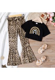 2pcs Kid Girl Rainbow Print Short-sleeve Black Crop Top and Leopard Print Flared Pants Set