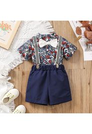 2pcs Baby Boy Bow Tie Decor Allover Floral Print Short-sleeve Shirt and Suspender Shorts Set