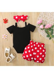 3pcs Baby Girl 95% Cotton Ribbed Short-sleeve Cold Shoulder Romper and Polka Dots Bloomers Shorts with Headband Set