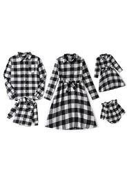 Christmas Black Plaid Family Matching Long-sleeve Lapel Belted Dresses and Shirts Sets