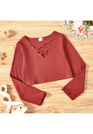 Kid Girl Crisscross Hollow out Ribbed Solid Long-sleeve Tee