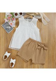 2pcs Toddler Girl Mesh Design Sleeveless White Tee and Bowknot Design Shorts Set