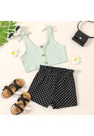 2-piece Kid Girl 100% Cotton Button Design Tank Top and Polka dots Paperbag Shorts Set