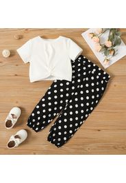 2pcs Toddler Girl Twist Knot Short-sleeve White Tee and Polka dots Pants Set