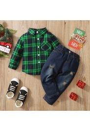 2-piece Toddler Boy Christmas Lapel Collar Button Down Long-sleeve Plaid Shirt and Ripped Jeans Denim Pants Set