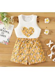 2pcs Kid Girl Heart Print White Tank Top and Floral Print Paperbag Shorts set