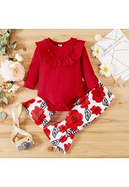 2pcs Baby Girl Red Long-sleeve Ruffle Ribbed Long-sleeve Romper and Floral Print Bell Bottom Pants Set