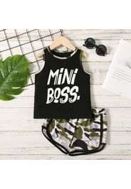 2pcs Toddler Boy Letter Print Black Tank Top and Camouflage Print Shorts Set