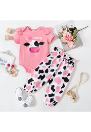 2pcs Baby Girl Letter and Cow Print Pink Ruffle Short-sleeve Romper with Bowknot Trousers Set