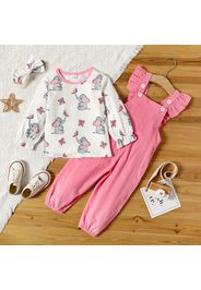 2-piece Toddler Girl Elephant Butterfly Print Long-sleeve Ribbed Top and Ruffled Corduroy Overalls Set