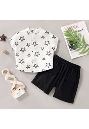 2pcs Toddler Boy Star Print Button Design Short-sleeve Shirt and Black Shorts Set