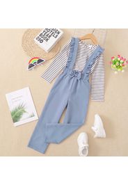 2-piece Kid Girl Long-sleeve Stripe Tee and Ruffled Blue Overalls Set