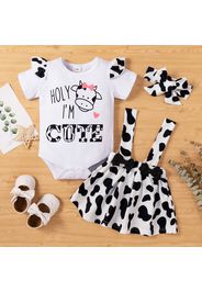 3pcs Baby Girl Letter and Cow Print Short-sleeve Romper and Suspender Skirt Set