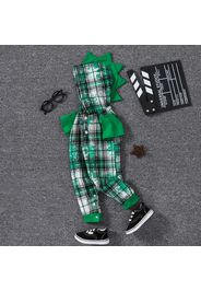 100% Cotton Baby Boy Green Plaid Dinosaur Hooded Short-sleeve Jumpsuit