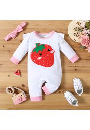 2pcs Baby Girl Fruit Design Ruffle Long-sleeve Jumpsuit with Headband Set